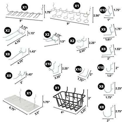 Hiltex 53108 100 Piece Metal Peg Board Hooks and Accessories Set, Pegboard Hooks Assortment, Bins & Hooks for Crafts, Organizer for Garage, Peg Board Tool Utility Hook, 1/4 Pegboard Hooks Accessories - style: 100 Piece: Hooks, Basket, and Tray