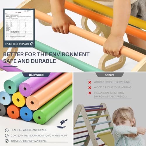 BlueWood Pikler Triangle Set, Foldable Wooden Toddler Climbing Toys Indoor Playground Jungle Gym Montessori Philosophy Climber for 2-6 Years Old, Baby, Kids (Rainbow, with Cushion) - color: Rainbow