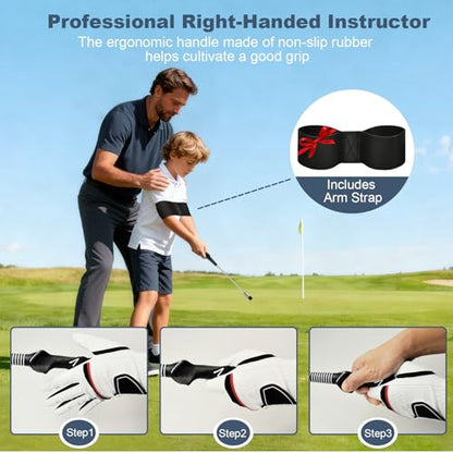 MIKOSI 5-in-1 Retractable Golf Swing Training Aids, Portable Golf Swing Trainer with Golf Grip Trainer for Beginners & Tempo Training for Advanced, Right-Handed, Arm Connection with Golf Club Weights