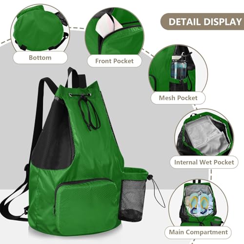 Yuiboo Dark Green Drawstring Bags for Men Women Climbing Gym Bag with Pockets Cinch Sack Dry Wet Separation