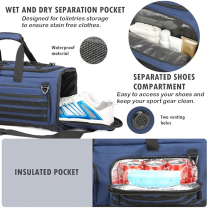 50L Tactical Gym Bag for Men and Women with Shoe & Laptop Compartment | Extra Large Duffle Bag, 3-in-1 Travel Sports Duffel Bags MOLLE Weekender Overnight Bag for Gym, Travel, Black+ Blue - color: Black+Blue