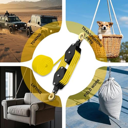 YATOINTO Rope Hoist Pulley System, 4400LB Pulley Block and Tackle, 8:1 Ratio Lifting Power 65ft, Heavy Duty Pulley Block for Hunting Lifting Heavy Objects Garage Warehouses Building (Yellow) - color: Yellow(Powder Coating)