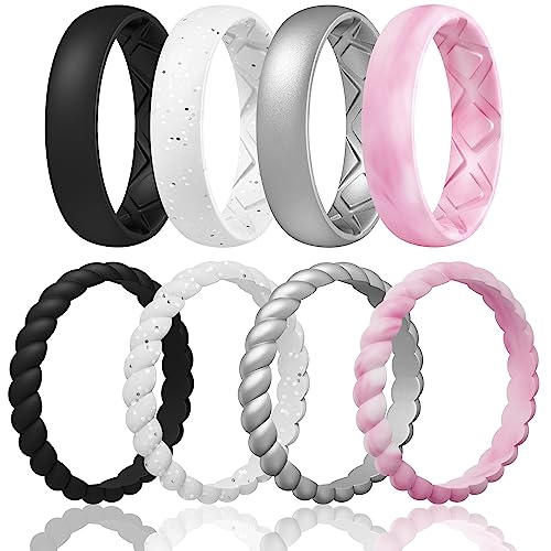 Egnaro Women's Stackable Silicone Rings, 2.5/5.5mm Wide 1.8/2mm Thick Bands | Comfort-Fit Rubber Bands Offer Breathable Flexibility for Nurses, Workouts, Pregnancy, Yoga, Travel, Office, and All-Day Wear - color: SETB4-Black, White Silver Glitter, Metalli
