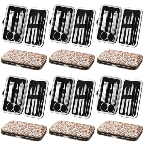 Geosar 12 Set 8 in 1 Manicure Kit Gifts Stainless Steel Nail Clippers Set Pedicure Care Tools with Leather Case Travel Portable Grooming Kit for Women Men Nurse Hands Foot(Glitter Rose Gold) - color: Glitter Rose Gold