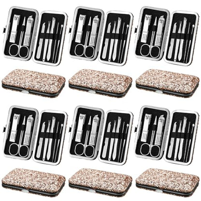 Geosar 12 Set 8 in 1 Manicure Kit Gifts Stainless Steel Nail Clippers Set Pedicure Care Tools with Leather Case Travel Portable Grooming Kit for Women Men Nurse Hands Foot(Glitter Rose Gold) - color: Glitter Rose Gold