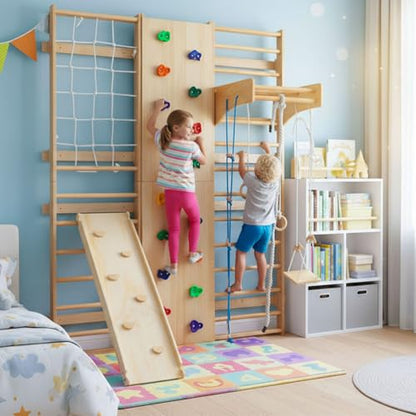 10-in-1 Swedish Ladder Wall Gym Set, Wooden Indoor Climbing Frame for Kids and Adults with Slide, Swing, Rock Climbing Wall, Gymnastic Rings, Rope Ladder, and Pull-Up Bar, Home Playground