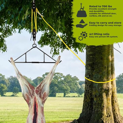 Highwild Game Hoist Gambrel & Deer Hanger Kit, 700 LB Deer Hoist Pulley System with 4:1 Lift Ratio and 44FT Rope