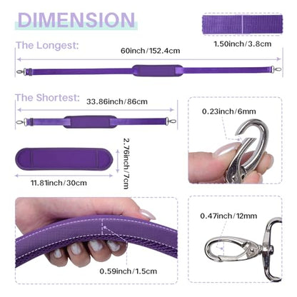 60 Inch Shoulder Strap for Bag with Removable Ultra-Thick Pad | 60" Shoulder Strap with Removable Thick Pad,Adjustable Buckles and Metal Hooks, for Briefcase/Laptop/Messenger/Luggage Bag - color: Purple