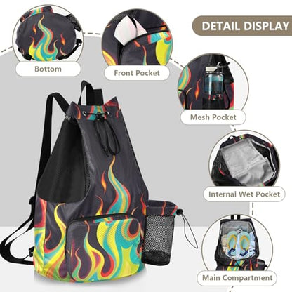 Drawstring Climbing Gym Bag With Pockets Drawstring Bags For Men Women with Wet Dry Compartments Cool Flame Color