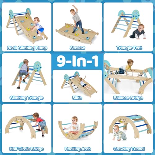 Costzon Pikler Triangle Set, 9-in-1 Foldable Baby Climbing Toys, Wood Montessori Climbing Set for Learning and Motor Skills, Indoor Playground Jungle Gym for Toddlers 3+ Climber Gifts (Blue) - style: 9 in 1 Arch Climber Ladder, Blue