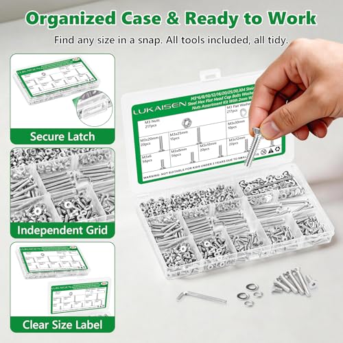 652 Pcs M3 Flat Head Screws Nuts Washers Wrench Kit, 304 SS | with Flat Washers & Wrench, Flush Mount Metric Fasteners for 3D Printers, Drones & DIY, 6mm-30mm,Clear Label Storage Box - size: SS M3 652pcs 1