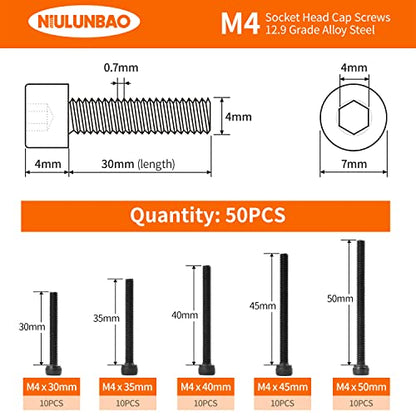 M4 x 30mm 35mm 40mm 45mm 50mm Hex Socket Head Cap Screws Bolts, 12.9 Grade Alloy Steel, Black Oxide Finish, Allen Hex Drive, Metric Machine Fully Threaded, Assortment Kit 50PCS - size: M4 x 30/35/40/45/50mm (50PCS)