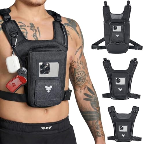 Elite Sports Running Vest w/Phone Holder, Gun Holster for Men/Women, Reflective Lightweight Chest Pack w/Touch Friendly Phone Sleeve, Camera Pocket - Chest Rig for Hiking, Trail, Marathon, Camping - size: Medium