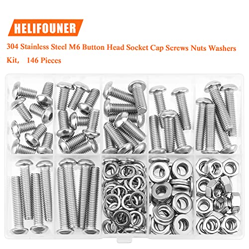 HELIFOUNER 146 Pieces M6 x 10mm /12mm /16mm /20mm /25mm /30mm /35mm, Button Head Socket Cap Screws Bolts Washers Nuts Kit, 304 Stainless Steel - size: M6, style: Button Head Screws