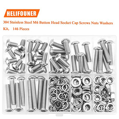 HELIFOUNER 146 Pieces M6 x 10mm /12mm /16mm /20mm /25mm /30mm /35mm, Button Head Socket Cap Screws Bolts Washers Nuts Kit, 304 Stainless Steel - size: M6, style: Button Head Screws