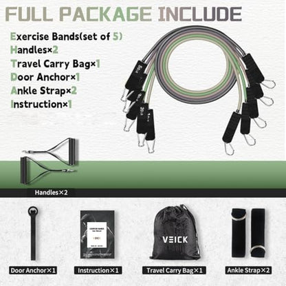 VEICK 10-150LBS Resistance Bands with Handles, Ankle Straps, Door Anchor | Accredited Lab Certified, 100% Natural Latex, Versatile for Yoga, Pilates, Strength, Home Gym - color: Green Purple, style: 10-150LBS