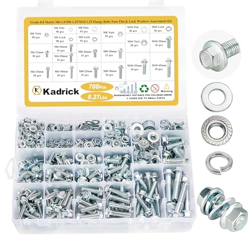 Kadrick 700Pcs Grade 8.8 Metric Bolt Assortment, M6 M8 M10 Flange Hex Heavy Duty Bolts and Nuts Kit,M6 x1.0 M8 x1.25 M10-1.25 (12mm to 45mm),Eco-Friendly Zinc Plated - size: 700Pcs M6-M10 FLANGE HEX Eco-Friendly