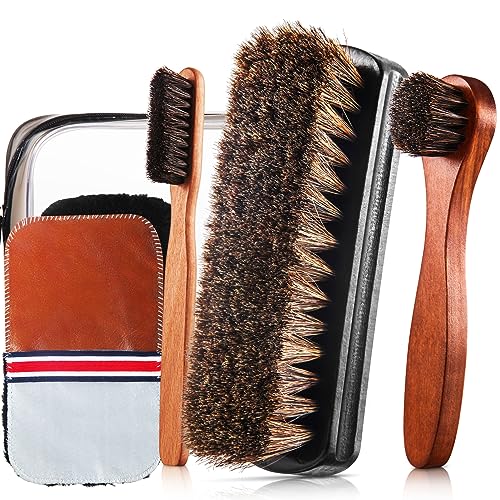6 Pcs Horsehair Shine Shoes Brush Kit Polish Dauber Applicators Cleaning Leather Shoes Boots Care Brushes Suede Cleaner Brush with Microfiber Shoe Gloves(6 Pcs Style E) - style: 6 Pcs Style E