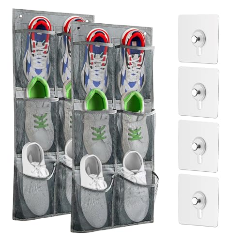 2 Pack Hanging Shoe Organizer for Closet,6 Mesh Pockets Wall Mounted Shoes Rack,Hanging Over the Narrow Door Shoe Organizer for RV Camper,Travel Camping,Cruise Ship,Dorm,Guest Room(Grey) - size: 2 PCS