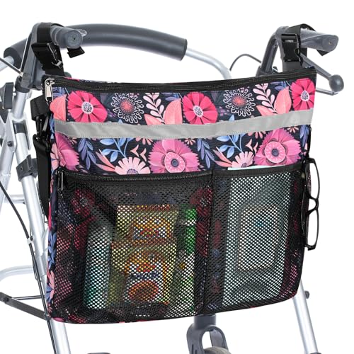 Wheelchair Accessories Backpack to Hang on Back Walker Storage Bag with Multiple Pockets for Seniors Adults - color: Gray-(flower)