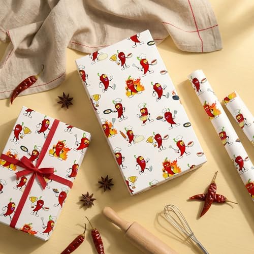 Liobelon Chili Cook Off Wrapping Paper Roll – 17" x 16.5 Ft Funny Chili Pepper Gift Wrap with Cartoon Chili Characters Cooking, Angry & Frying Egg for Taco Party, Western Theme, Birthday, Fiesta Party - color: Chili Cook Off