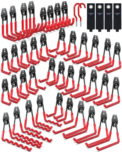 3-H Garage Wall Hooks 46 Pack,Garage Hooks Heavy Duty,Garage Storage Hooks for Hanging and Organizing Garden,Lawn,Yard Tools,Chairs,Ladders,Weed Eater,Shovel,Blower(Red) - color: Red, size: 46