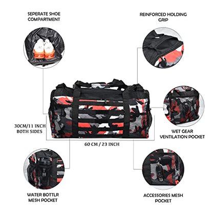 Beast Power Gear Gym Duffle Bag- Workout, Boxing, MMA, Sports Bag with Shoes Compartment and Adjustable Shoulder Strap for Men and Women (Red Camo) - color: Red Camo