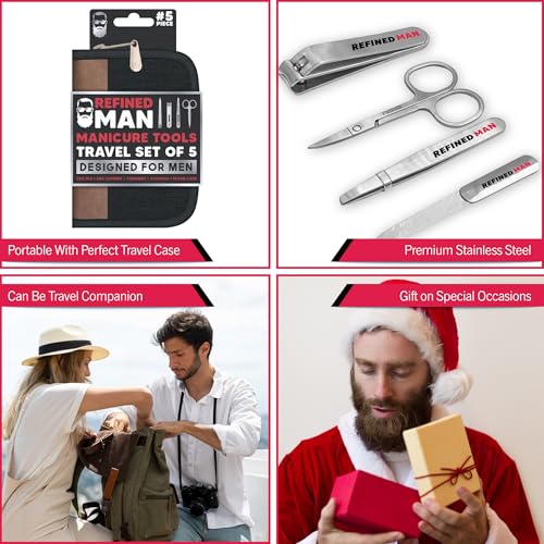 BLKSMITH Refined Man Manicure and Pedicure Kit Set of 5 - Manicure Kit for Men - Nail Clipper Kit with Nail File, Clippers, Scissors, Tweezer & Travel Case - Designed for Men (Black) - color: Black