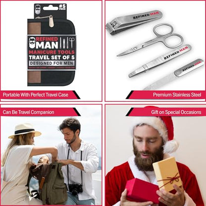 BLKSMITH Refined Man Manicure and Pedicure Kit Set of 5 - Manicure Kit for Men - Nail Clipper Kit with Nail File, Clippers, Scissors, Tweezer & Travel Case - Designed for Men (Black) - color: Black