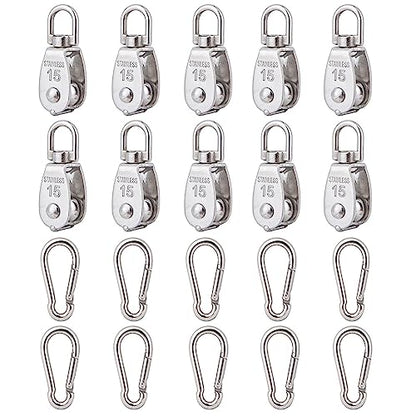 10x 304 Stainless Steel M15 Single Swivel Rope Pulley Blocks w/Snap Hooks | 360° anti-twist swivel pulley. For lifting, towing & hanging wire rope on crane/outdoor. Has spring snap hooks for fast fit - size: M15-10pcs