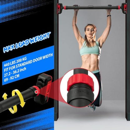 Pull Up Bar for Doorway,Adjustable Chin Up Bar for with Level Meter | 440 LBS Max Load,No Screws Needed - color: Red and Black