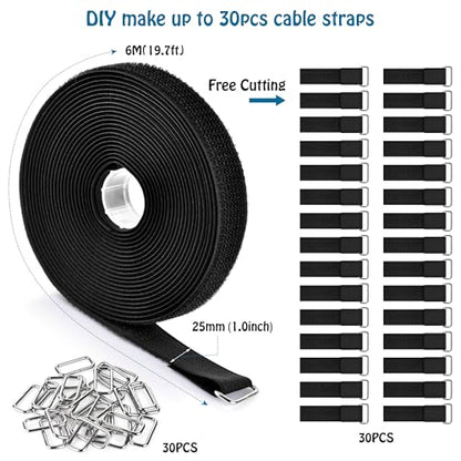 Nettbe 1"x19.7ft Hook and Loop Straps with 30 Buckles Adjustable Cut-to-Length Cable Ties - Reusable Nylon Fastening Tape Cable Straps for Storage or Organization (1in x 19.7ft) - size: 1in x 19.7ft