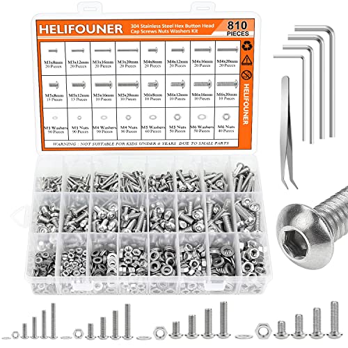 HELIFOUNER 810 Pieces M3 M4 M5 M6 304 Stainless Steel Button Head Socket Cap Metric Screws Bolts, Flat Washers and Nuts Assortment Kit with Hex Wrenches - size: M3 M4 M5 M6 (810 Pieces), style: Button Head Screws