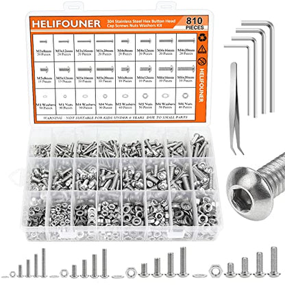 HELIFOUNER 810 Pieces M3 M4 M5 M6 304 Stainless Steel Button Head Socket Cap Metric Screws Bolts, Flat Washers and Nuts Assortment Kit with Hex Wrenches - size: M3 M4 M5 M6 (810 Pieces), style: Button Head Screws