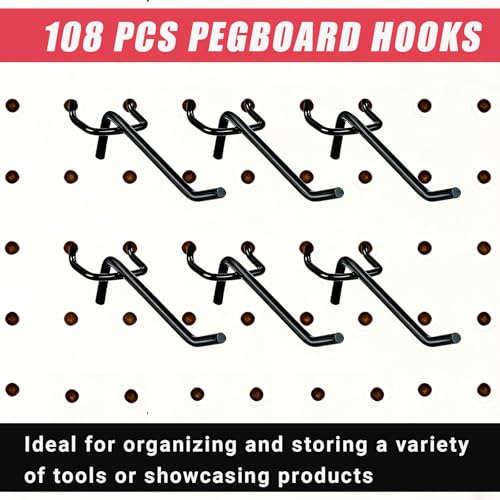 108 Pcs Peg Board Shelving Hooks 4 Inch Wall Display Hooks Bulk Black Stainless Steel Hanging Board Pegs for 1/4 1/8 Garage Storage Organizer Accessories