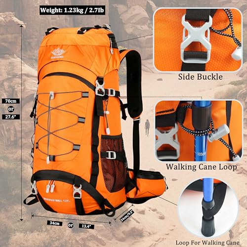 60L Travel Hiking Camping Backpack with Rain Cover, Backpack Water Resistant,Climbing Backpack for Men Women - color: Orange