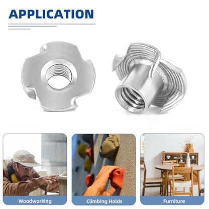 3/8"-16 T-Nuts, 304 Stainless Steel 4 Pronged Tee Nuts, Four-jaw Threaded Inserts for Rock Climbing Holds, Furniture, Cabinetry, Woodworking, Silver, 10 PCS - size: 3/8"-16