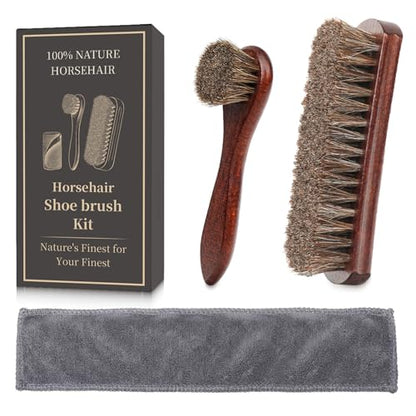 3PCS 100% Horse Hair Shoe Brush Set for Leather Boots Horsehair Brush for Polishing Cleaning Buffing Professional Shoe Shine Kit for Men Suede Boot Care Conditioner Accessories Tool