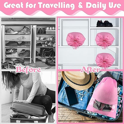 Pink Travel Shoe Bags - 5 Pcs Non-Woven Drawstring Packing Bags with Clear Window (15.7" x 11.8") - color: Pink, style: 5 Pack