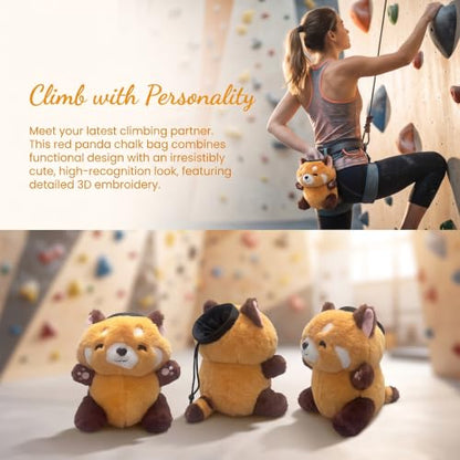Fluffy Red Panda Plush Chalk Bag, Drawstring Magnesia Storage Pouch with Adjustable Waist Strap, Cute Animal Shape Gym Chalk Holder for Rock Climbing, Bouldering, Weight Lifting, Daily Gym Training