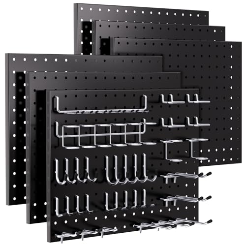 INCLY 90PCS Pegboard Wall Organizer Kit with Metal Panels and 1/4" Hooks | Black, 6PCS Peg Board Panels, 84PCS 1/4" Pegboard Hooks Accessories Kit, For Walls Home, Garage Tool Storage - color: Black Pegboard with hooks, size: 6pcs-12"x16" with hooks