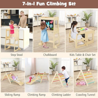 HONEY JOY 7 in 1 Climbing Toys for Toddlers, Convertible Kids Step Stool/Table & Chair/Chalkboard, Folding Triangle Climber w/Ramp, Montessori Kitchen Stool Tower for Learning w/Safety Rail (Colorful)