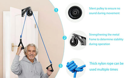 Over The Door Shoulder Pulley for Physical Therapy & Rehab | Adjustable Metal Door Clamp, Silent Large Pulley, For Home Use, Exercise Pulley for Recovery Stretching at Home, Handles