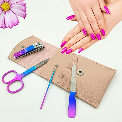 Manicure Set, Professional Women Nail Clippers Kit 4PCS, Stainless Steel Nail Cutter Care Tools Professional Grooming Kits, PU Leather Travel Case （Colorful） - color: Pink