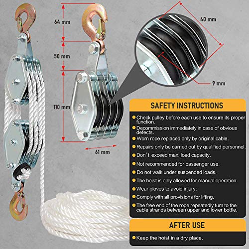 Poly Rope Hoist Pulley Block, 4000 LB 2 Ton 65 Feet of 3/8 “, 7:1 Lifting Power, Pulley Hoist for Lift Furniture, Motorcycles, Bicycles - color: Silver steel