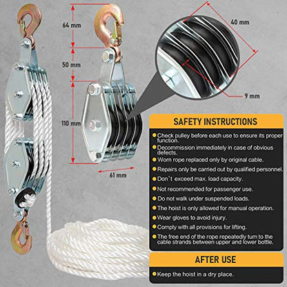 Poly Rope Hoist Pulley Block, 4000 LB 2 Ton 65 Feet of 3/8 “, 7:1 Lifting Power, Pulley Hoist for Lift Furniture, Motorcycles, Bicycles - color: Silver steel