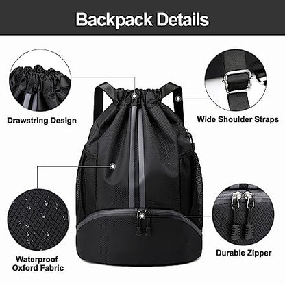 Hoedia Sports Drawstring Backpack - String Swim Gym Bag with Shoes Compartment and Wet Proof Pocket for Women&Men | String Bag with Shoes Compartment and Wet Proof Pocket, Adjustable Wider Shoulder Strap, For Soccer, Basketabll, Volleyball - color: Black,