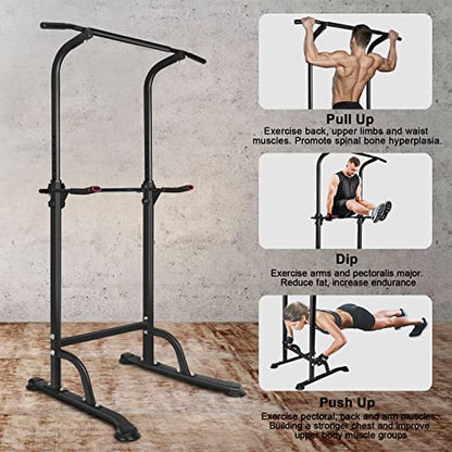 Adjustable Power Tower Pull Up Bar Dip Station, Free Standing Pull Up Rack Dip Station for Home Gym, 400LBS Capacity Height Heavy Duty Multi-Function Home Strength Training Fitness Workout Equipment - color: Black