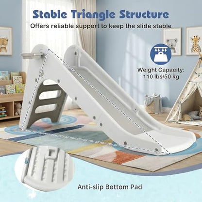 Toddler Indoor Slide, Foldable Baby Climber Playset with Basketball & Hoop | 63 in Extra Long Slope, Non-Slip Steps, Sturdy Plastic, Outdoor Playground for Backyard, Home & Playroom Use, Grey White - color: Grey White