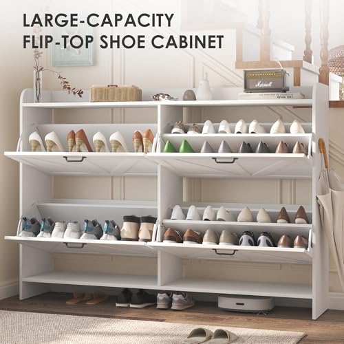 Shoe Cabinet with 4 Flip Drawers, Slim Narrow Shoe Storage Cabinet with Adjustable&Removable Shelves, Freestanding Wood Hidden Shoe Organizer for Entryway, Hallway (White)